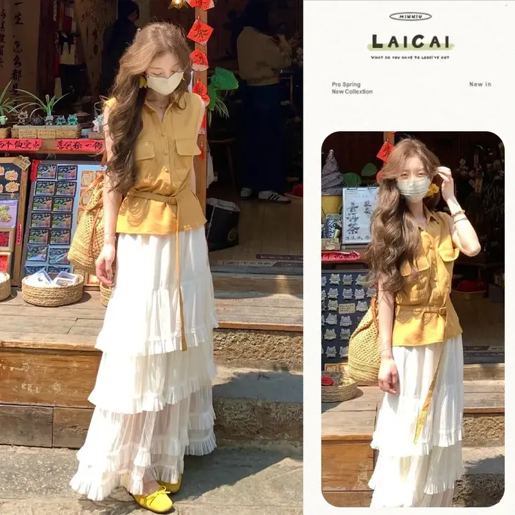 炸街复古无袖衬衫2025夏季小个子设计感仙女风半身裙旅游度假套装