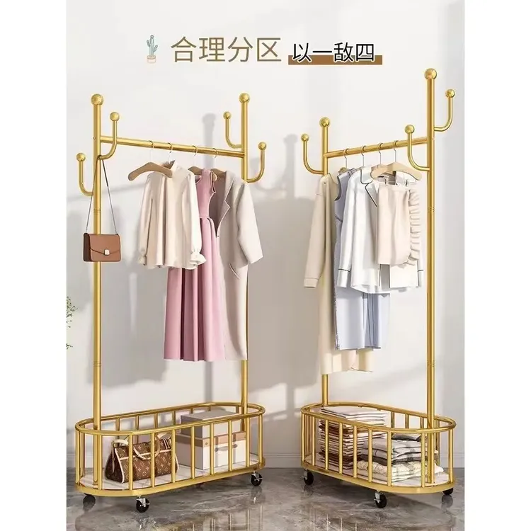 网红轻奢晾衣架卧室衣架落地多功能简易晾衣架带轮可移动衣帽架子