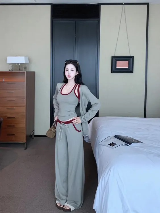 早秋时尚休闲套装撞色针织开衫内搭背心上衣秋季休闲阔腿裤三件套