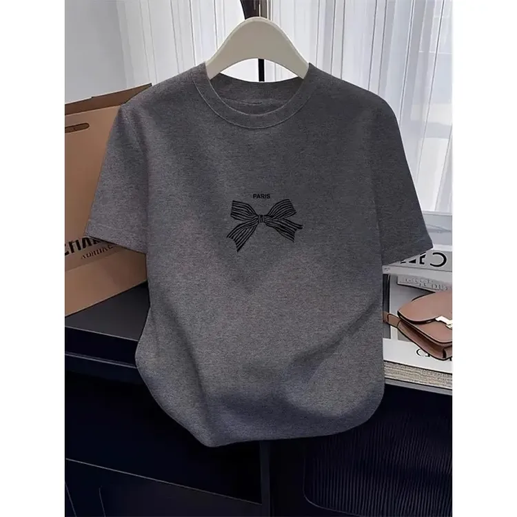 2025新款正肩圆领短袖t恤女设计感时尚百搭深灰色上衣打底衫夏季