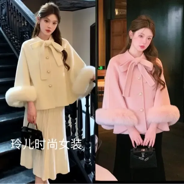富家千金风可拆卸毛毛短款披肩斗篷大衣秋冬新款外套