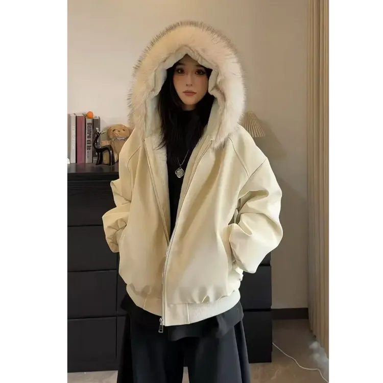 冬装新款PU皮座山雕棉服男女同款加厚加绒大理石防兔毛情侣装棉衣