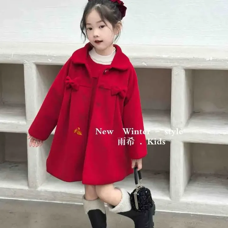 女童冬季红色时尚毛呢加棉外套