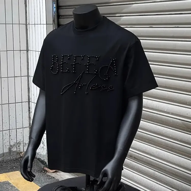 大码300斤胖男生短袖夏季新款重工钉珠潮牌短袖T恤小众设计感上衣
