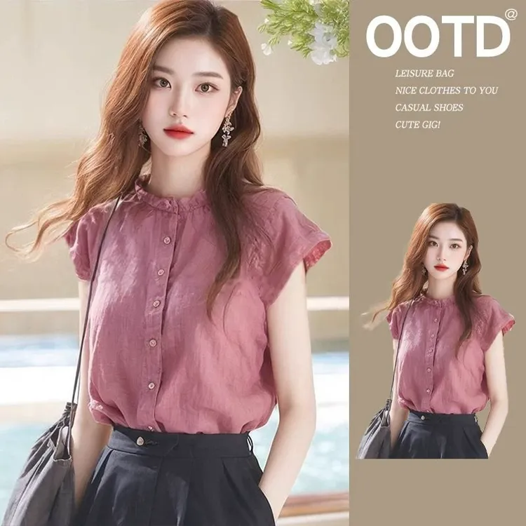 木耳边立领亚麻小飞袖衬衫女设计感小众夏季独特别致漂亮小衫上衣