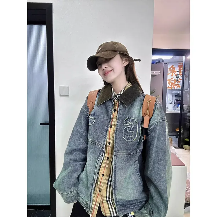 美式高街水洗做旧复古翻领牛仔外套女2025秋季新款牛仔外套953#