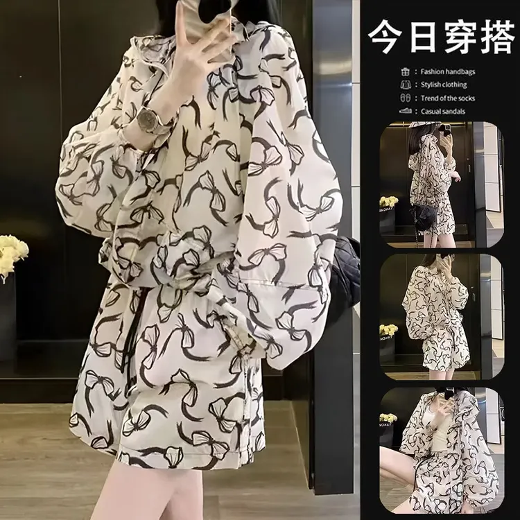 2025夏季连帽宽松运动防晒套装长袖冰感户外透气时尚短裤两件套女