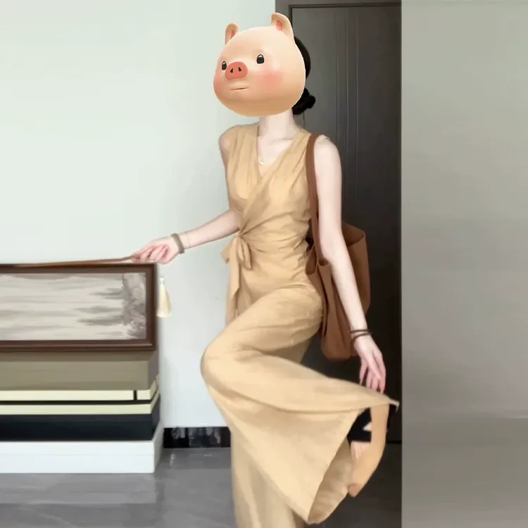 2025新款v领无袖上衣休闲长裤子气质轻熟时尚夏季穿搭一整套装女