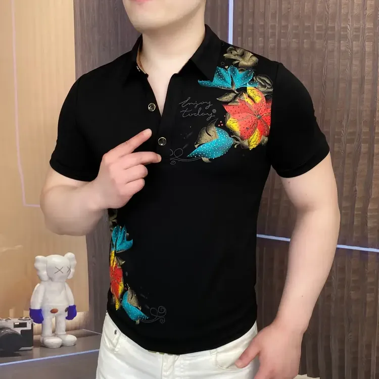 夏季新款落英缤纷Polo衫潮流翻领商务修身百搭高品质帅气男士痞帅