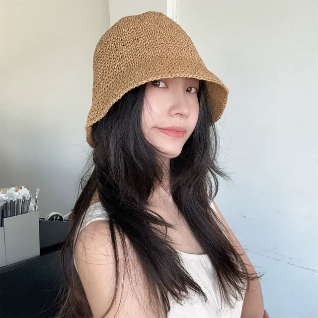 韩版简约手工草编水桶渔夫帽休闲遮脸草帽百搭小头围日系遮阳盆帽