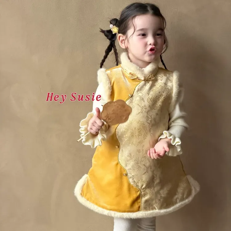 正版苏西Susie 女童秋冬加绒新中式国风黄色旗袍裙7760