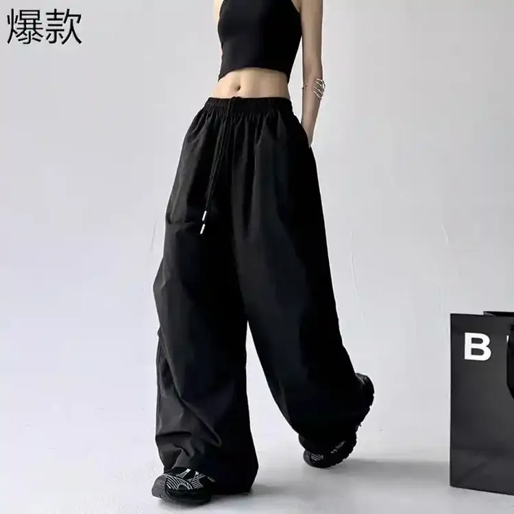 美式复古工装裤女2025春装新款褶皱高腰直筒阔腿裤辣妹休闲拖地裤
