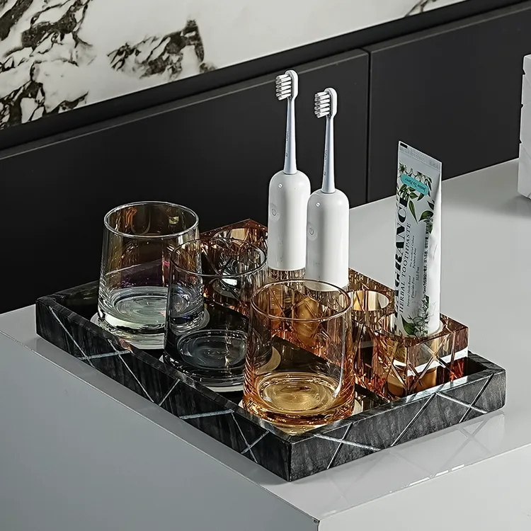 法式中古风卫生间浴室台面收纳电动牙刷牙膏置物架大理石双人洗漱