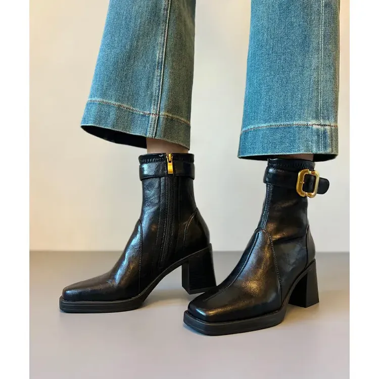 静音底复古高跟女方小众切尔西靴新款爆款粗跟弹力瘦瘦通勤约会