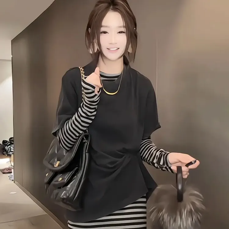 韩版水洗工艺复古条纹真两件长袖T恤女秋冬新款宽松慵懒显瘦百搭