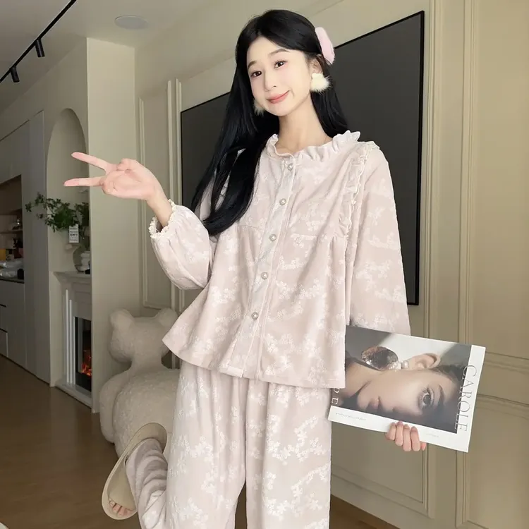 二娴家睡衣女士秋冬海岛绒加绒加厚长袖长裤甜美蕾丝保暖套装