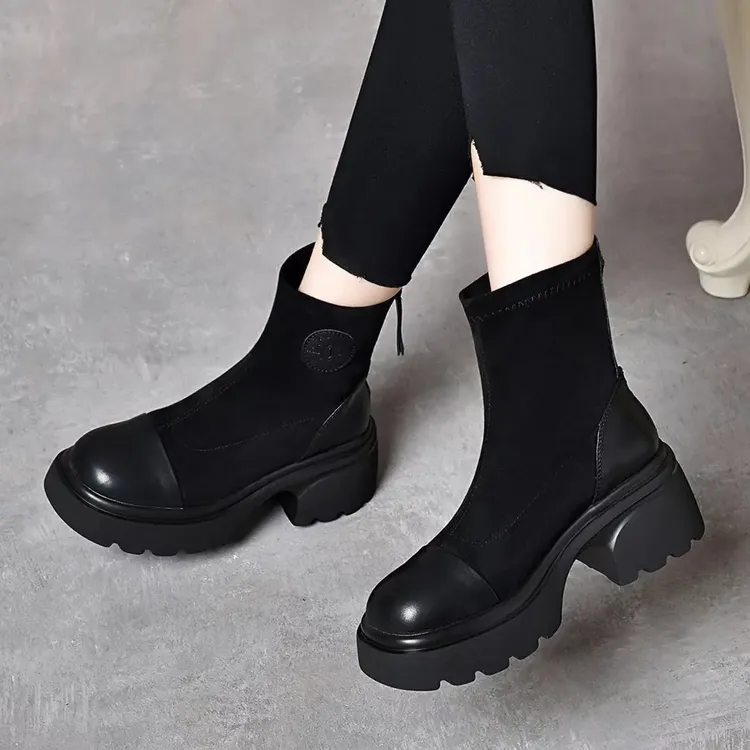 女显秋冬后弹力靴轻奢个性圆头瘦香港机车拉链新款靴黑色2024瘦瘦