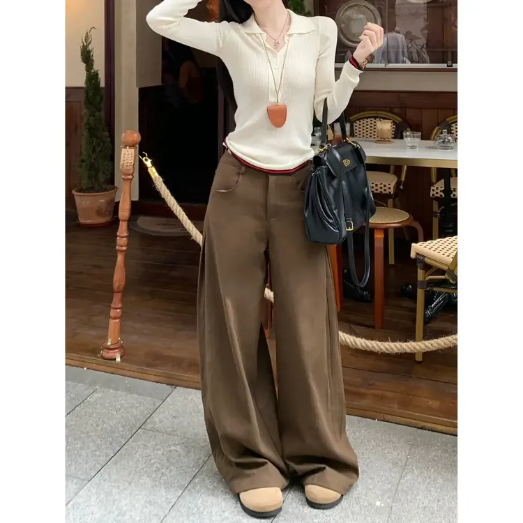 茶卡复古百搭阔腿裤女垂感侧褶A形设计感直筒宽松显瘦休闲长裤