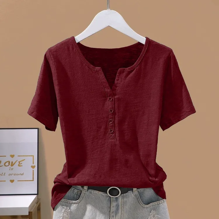 衣品纯棉大码v领短袖t恤女士洋气个性夏装休闲宽松时尚纽扣设计感