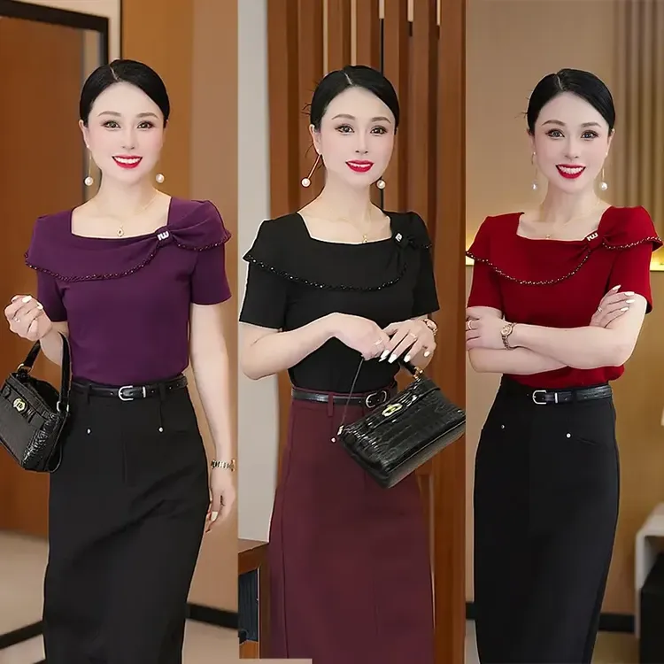 时尚方领荷叶边短袖女2025夏季新款设计感蝴蝶结钉珠洋气绝美上衣