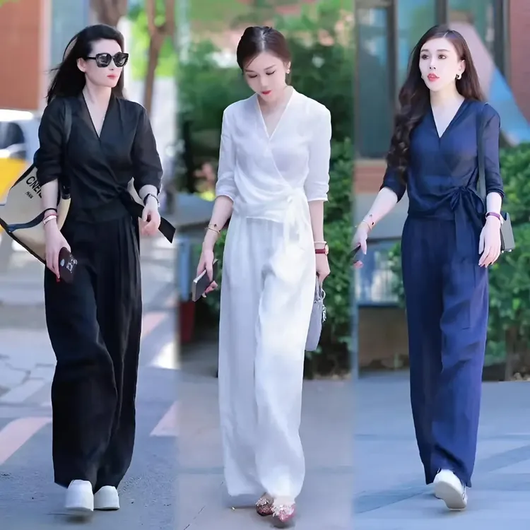 夏季时尚大V领两件套休闲舒适套装洋气女神气质宽松透气炸街套装