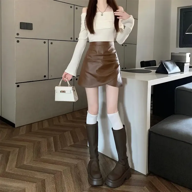 不规则PU皮半身裙女大码胖mm高腰褶皱短裙显瘦气质春秋A字包臀裙