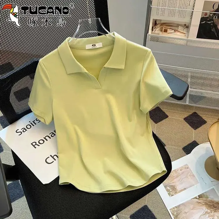 啄木鸟短袖t恤女夏季新款POLO领气质减龄纯色时尚不规则棉质上衣