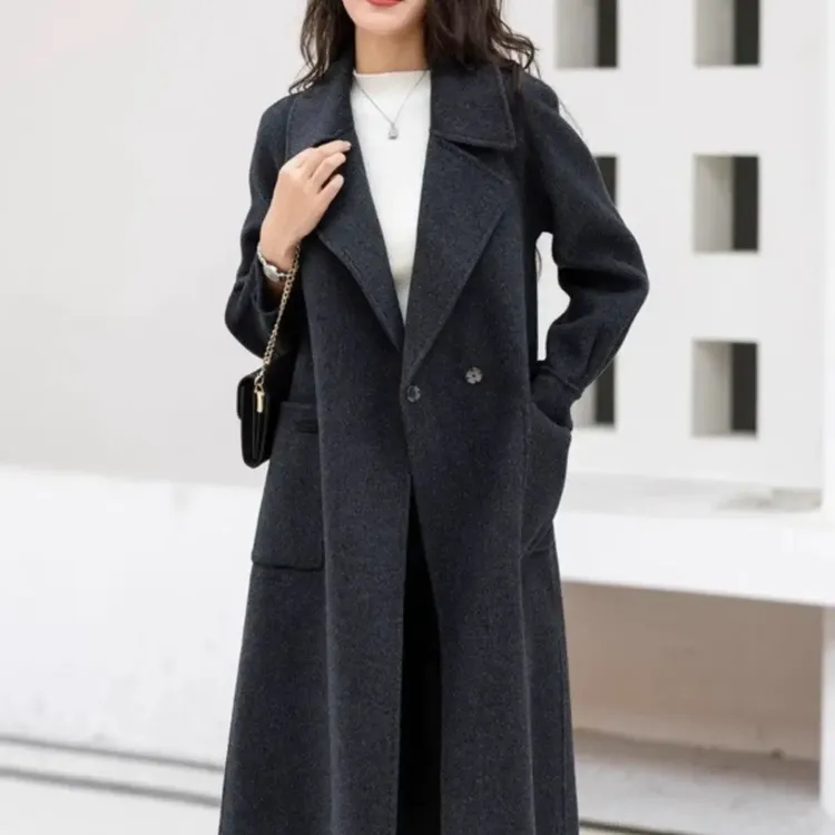 双面绵大衣女秋冬气质中长款加厚宽松毛呢外套赫本风过膝百搭
