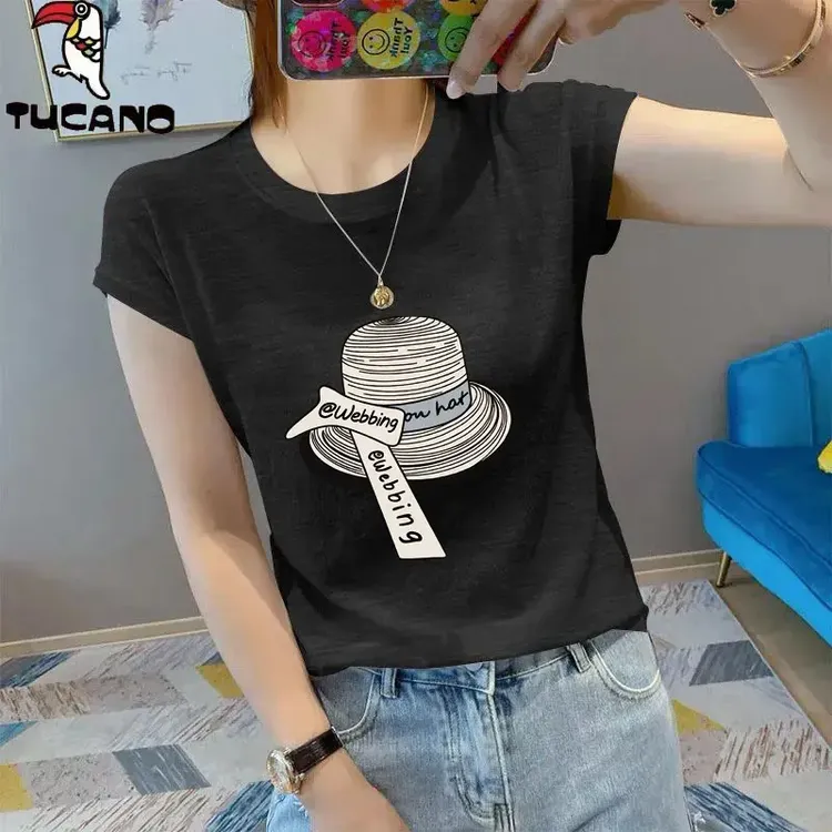 啄木鸟时尚减龄大码短袖印花圆领t恤女新款宽松显瘦上衣服