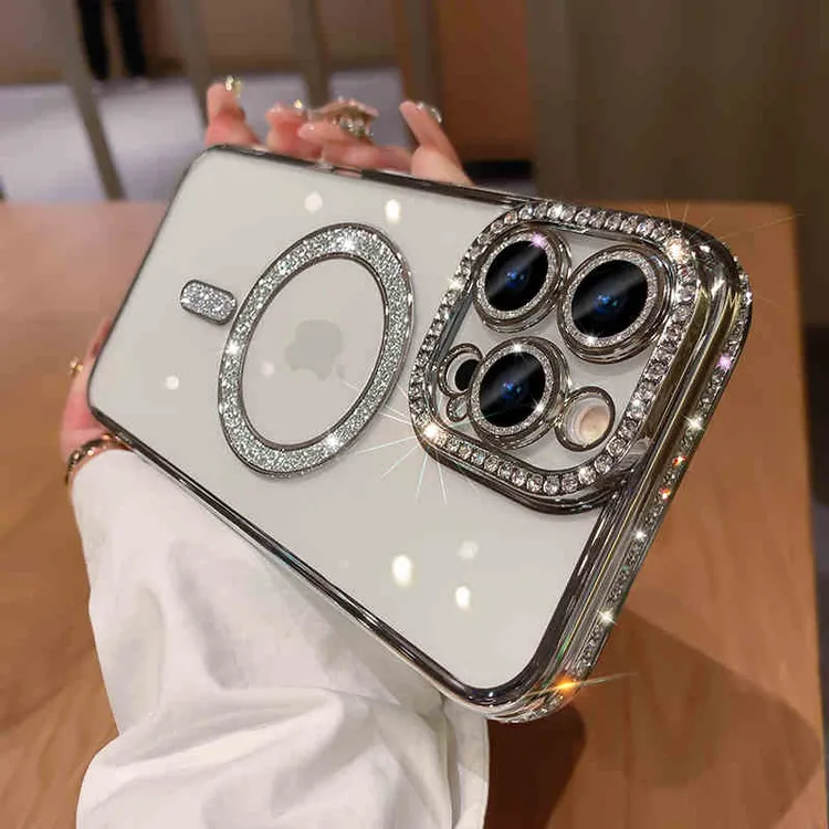 适用于苹果15ProMax新款水钻边框14Plus无线充电13镜头全包12软壳