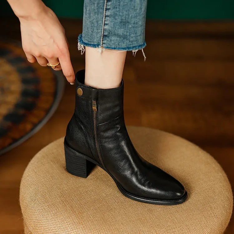 跟高6.5厘米/手工头层牛皮女靴英伦风粗跟马丁靴高跟短靴骑士靴子