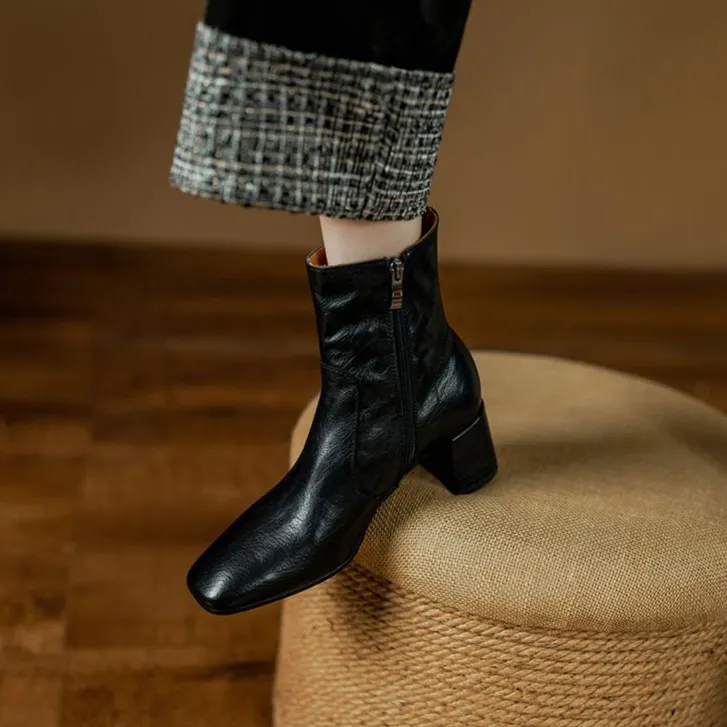 雅丹战靴/跟高5.5百搭皱感真皮粗跟短靴简约时尚高跟复古瘦瘦靴