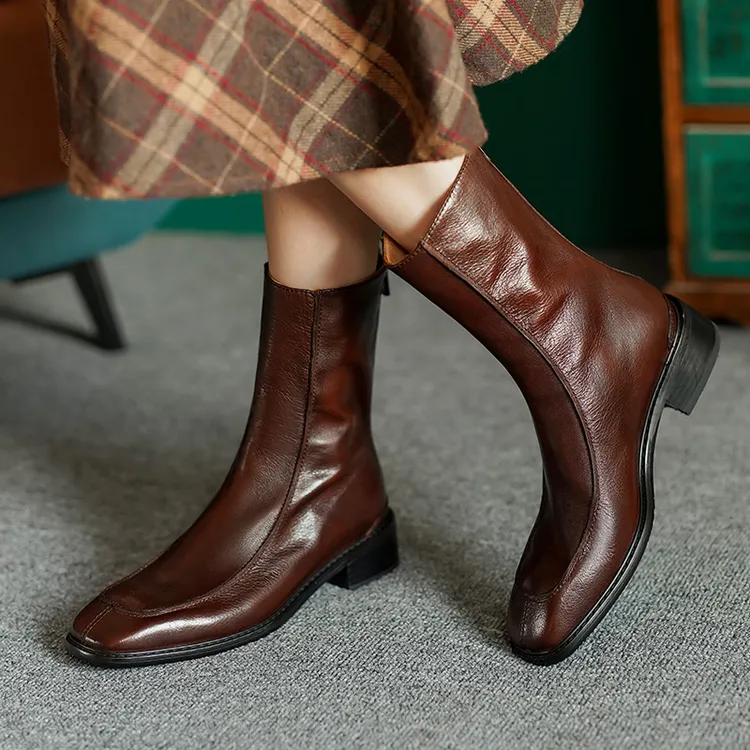 安可拉红真皮靴子女秋冬新款低跟短靴方头女靴复古风胎牛皮马丁靴