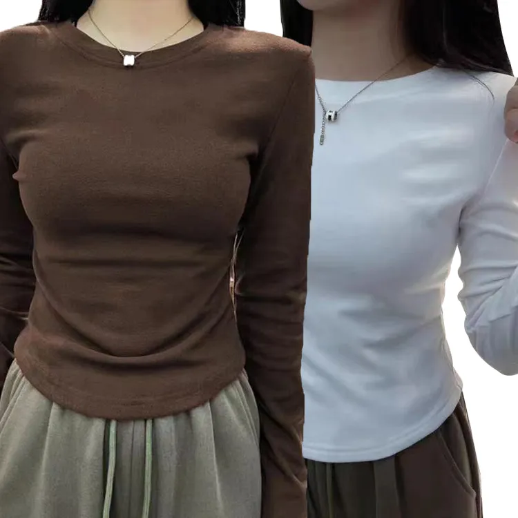 秋冬双面德绒打底衫女正肩内搭收腰显瘦长袖t恤保暖磨毛短款上衣