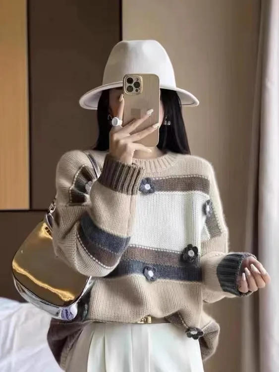 23冬新款条纹羊毛衫女100纯澳毛圆领加厚高端慵懒宽松羊毛针织衫