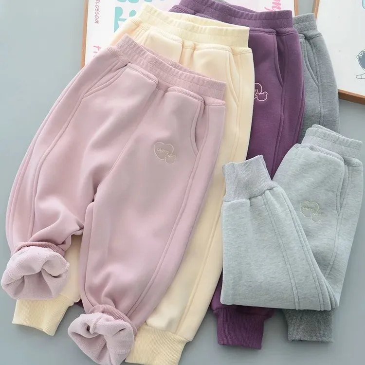 儿童加绒裤子女童奥利绒保暖长裤秋冬新款简约一体绒加厚运动裤