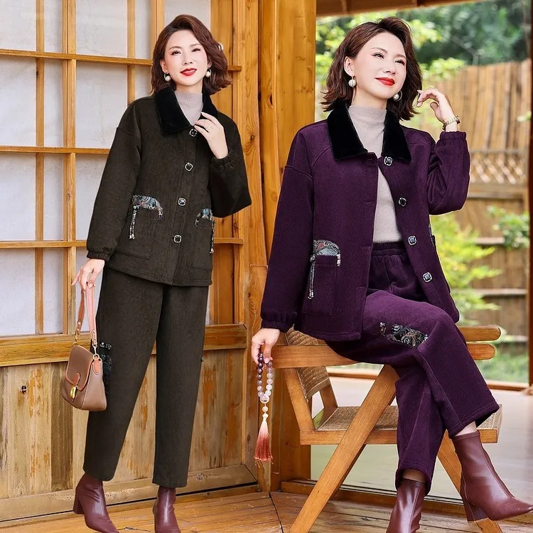 妈妈秋冬款棉服保暖洋气百搭两件套中年时尚气质百搭修饰显瘦套装