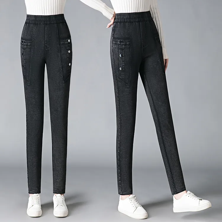 弹力牛仔裤女2024年秋冬季新款加绒高腰显瘦宽松百搭休闲哈伦长裤