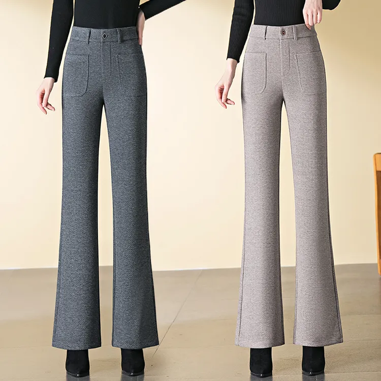 毛呢喇叭裤女2024秋冬季新款高腰休闲直筒窄版宽松显瘦保暖微喇裤