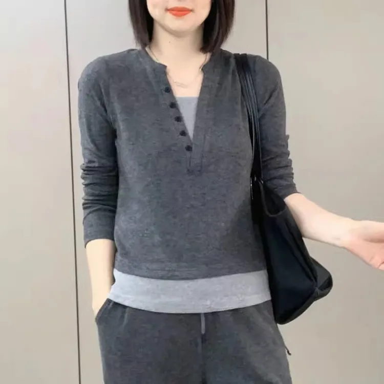 卫衣女2025春季新款休闲小众长袖韩版百搭V领显瘦洋气小衫上衣