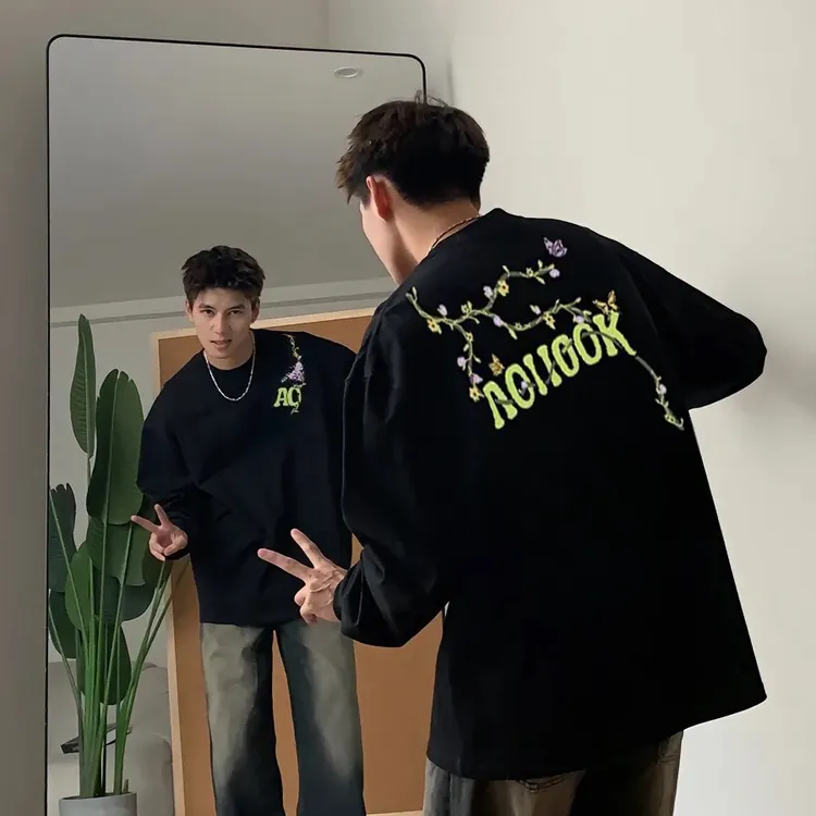 早秋新款时尚气质长袖体恤男生痞帅高级感韩版T恤上衣男士百搭帅