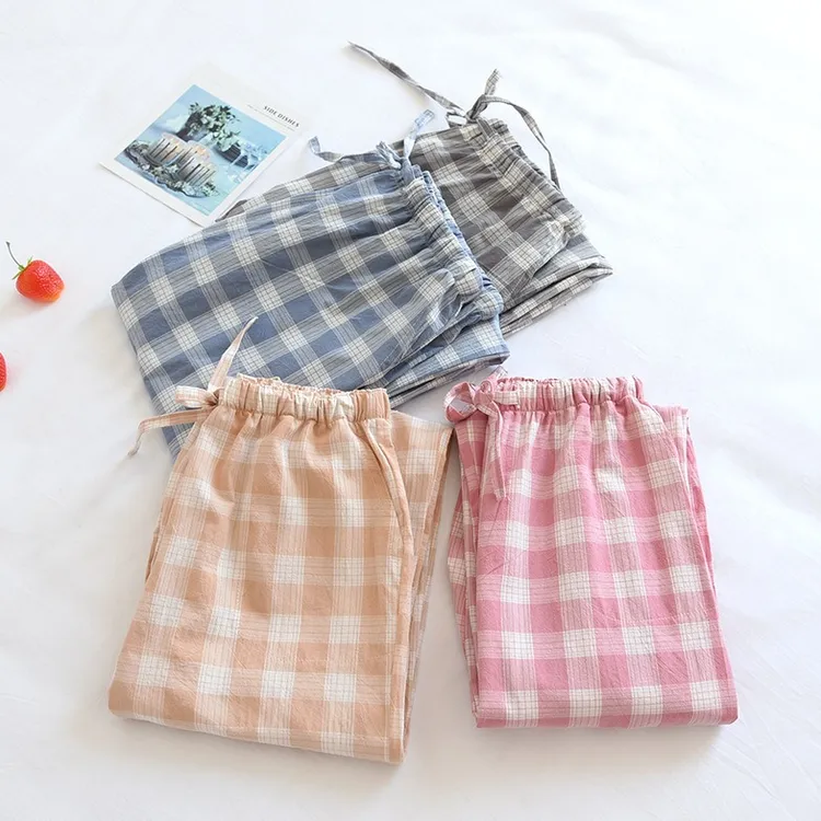 水洗棉睡裤男长裤春秋夏季薄款日系格子家居裤宽松居家大码