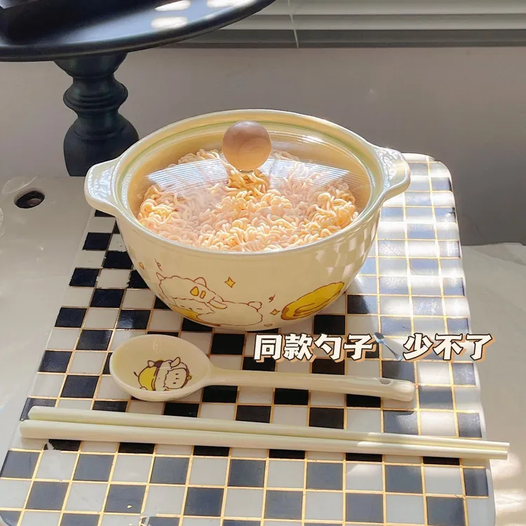 学生大容量奶油修狗陶瓷泡面碗可爱卡通釉下彩嗦粉嗦面带盖宿舍用