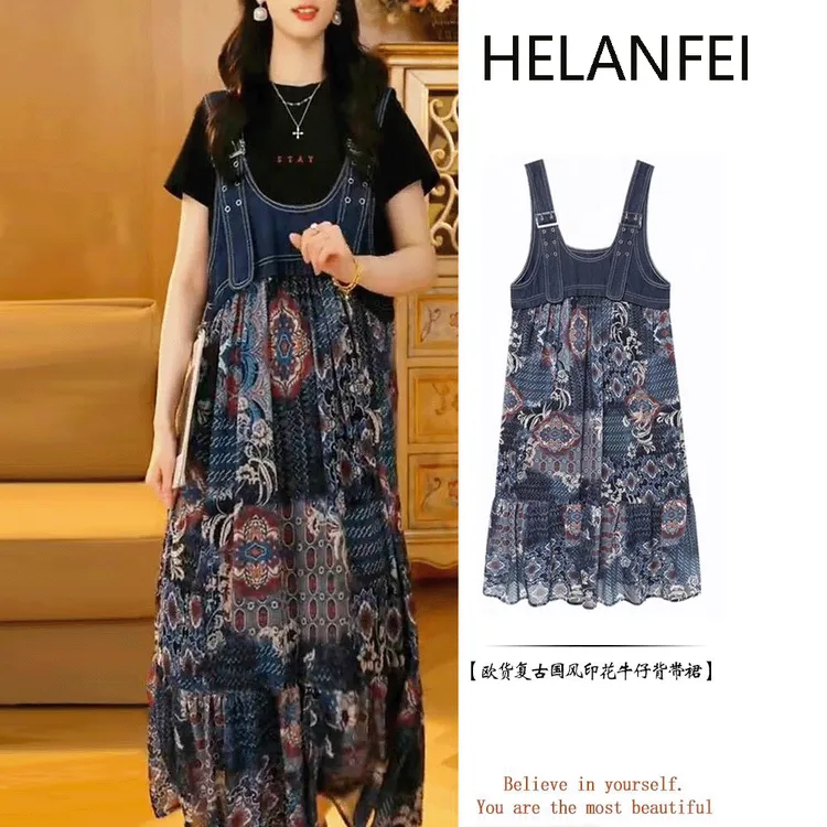 欧洲站2024复古国风印花牛仔背带裙女时尚百搭休闲减龄宽松连衣裙