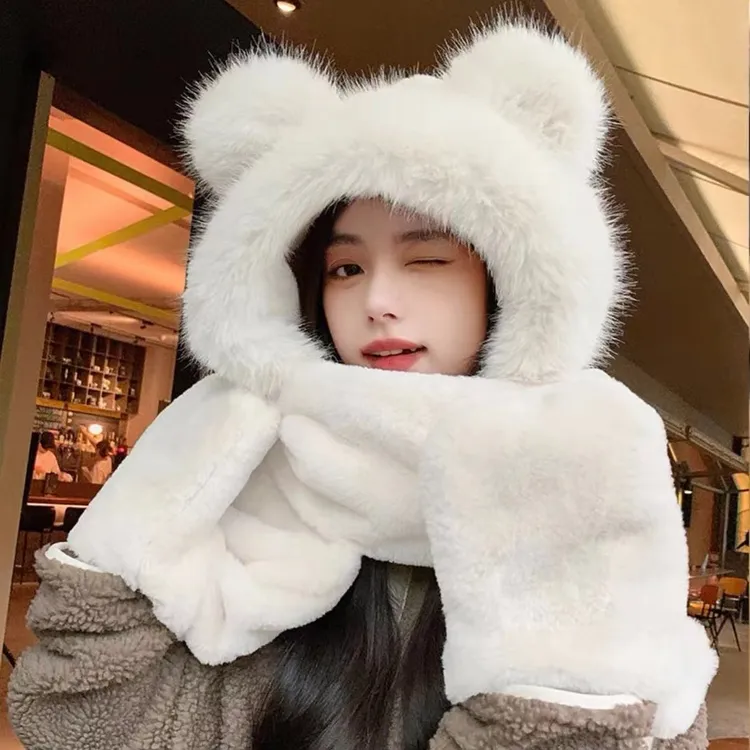 帽子冬季百搭可爱小熊毛绒围巾一体加厚连帽手套围脖三件套保暖