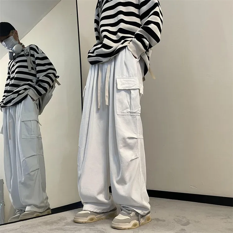 春夏机能风高街美式复古宽松百搭休闲工装裤洗水阔腿嘻哈牛仔裤男