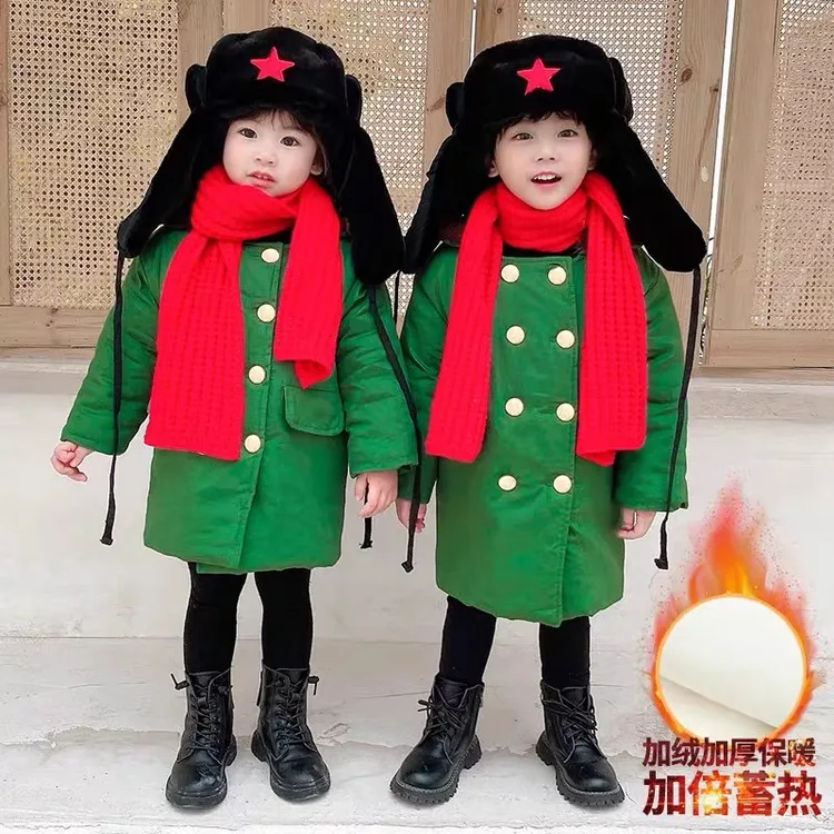 儿童军大衣网红宝宝中长款加绒加厚夹棉军绿色大衣保暖棉服东北潮
