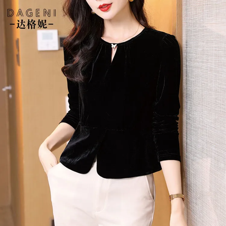 洋气新款小香风丝绒长袖打底衫女内搭圆领遮肉显瘦上衣气质小衫