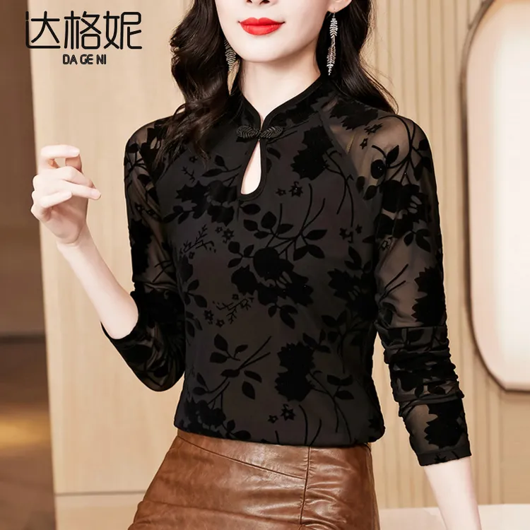 【悦悦女装专属】新中式国风蕾丝打底衫女2025秋装新款复古盘扣小衫