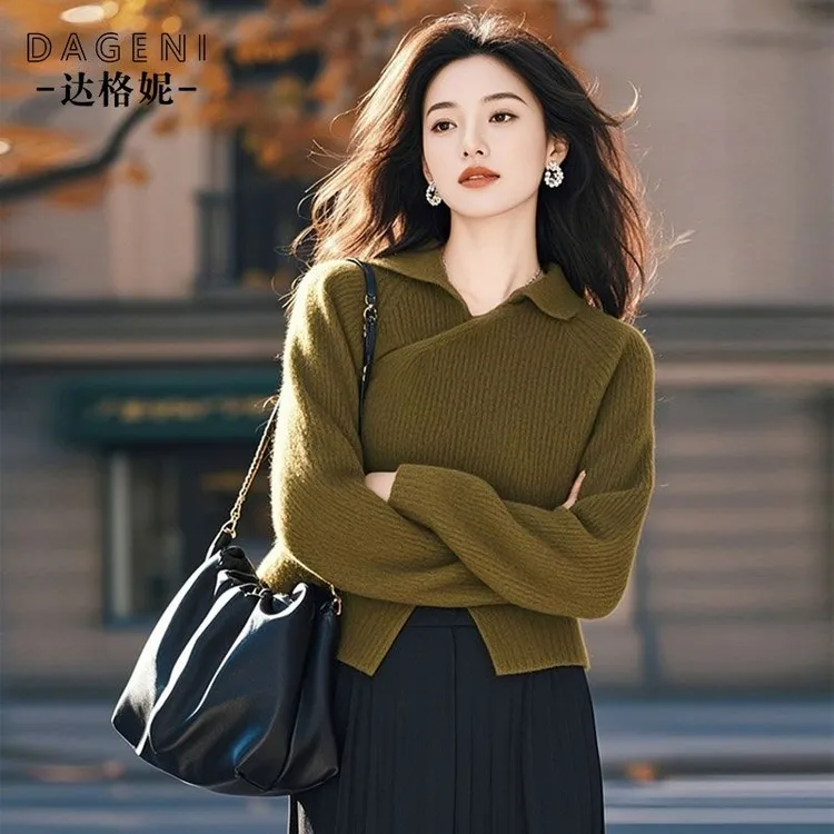 小个子复古设计感绿色针织毛衣女2025秋季新款慵懒风气质长袖上衣